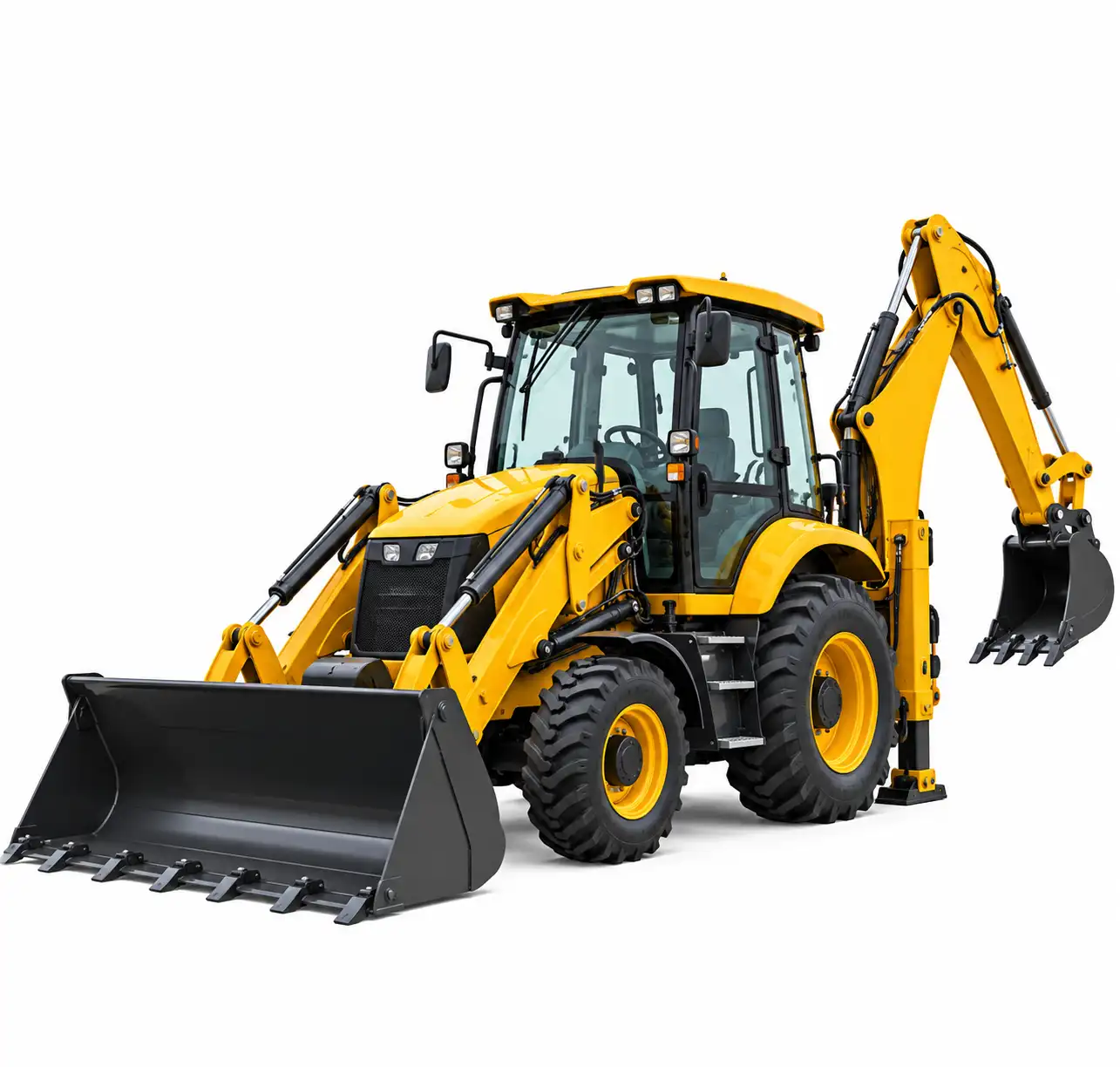 "backhoe loader 2 in 1 dengan bucket depan dan excavator arm belakang