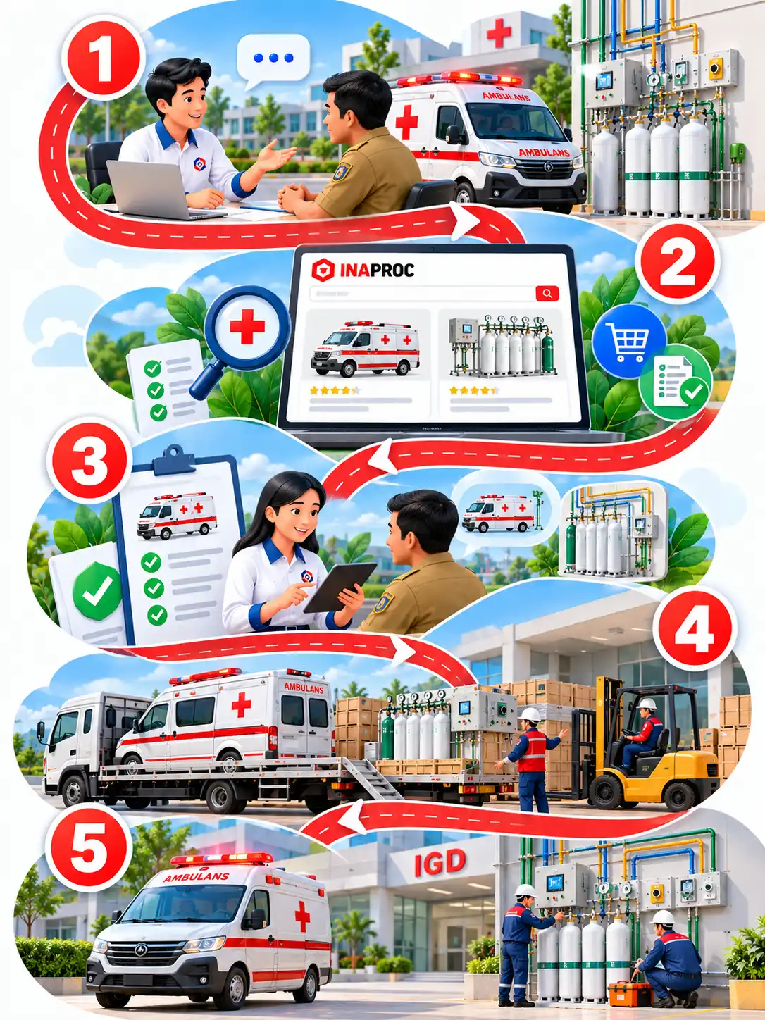 alur pengadaan mobil ambulans dan gas medik melalui E-Katalog INAPROC untuk instansi pemerintah