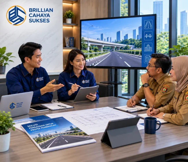 Konsultasi proyek pemerintah bersama Brillian Cahaya Sukses dengan pembahasan perencanaan infrastruktur, pengadaan, dan kebutuhan proyek konstruksi.